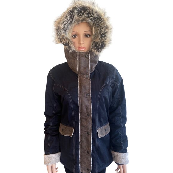 NWT Kuhl Arktik Waxed Jacket L Faux Fur Sherling Fleece Hooded Raven $349 Black - Picture 3 of 17